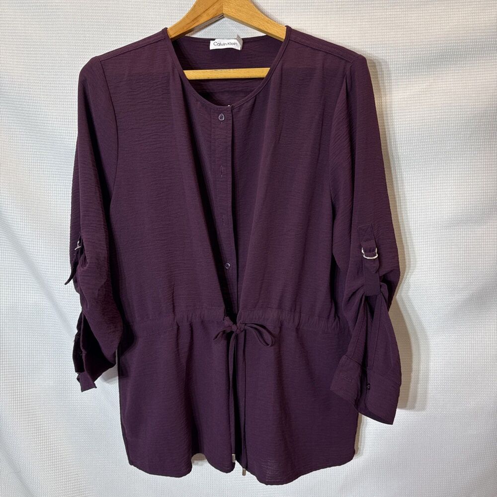 Calvin Klein Womens Roll Sleeve Blouse w/Tie Waist Aubergine Purple - L